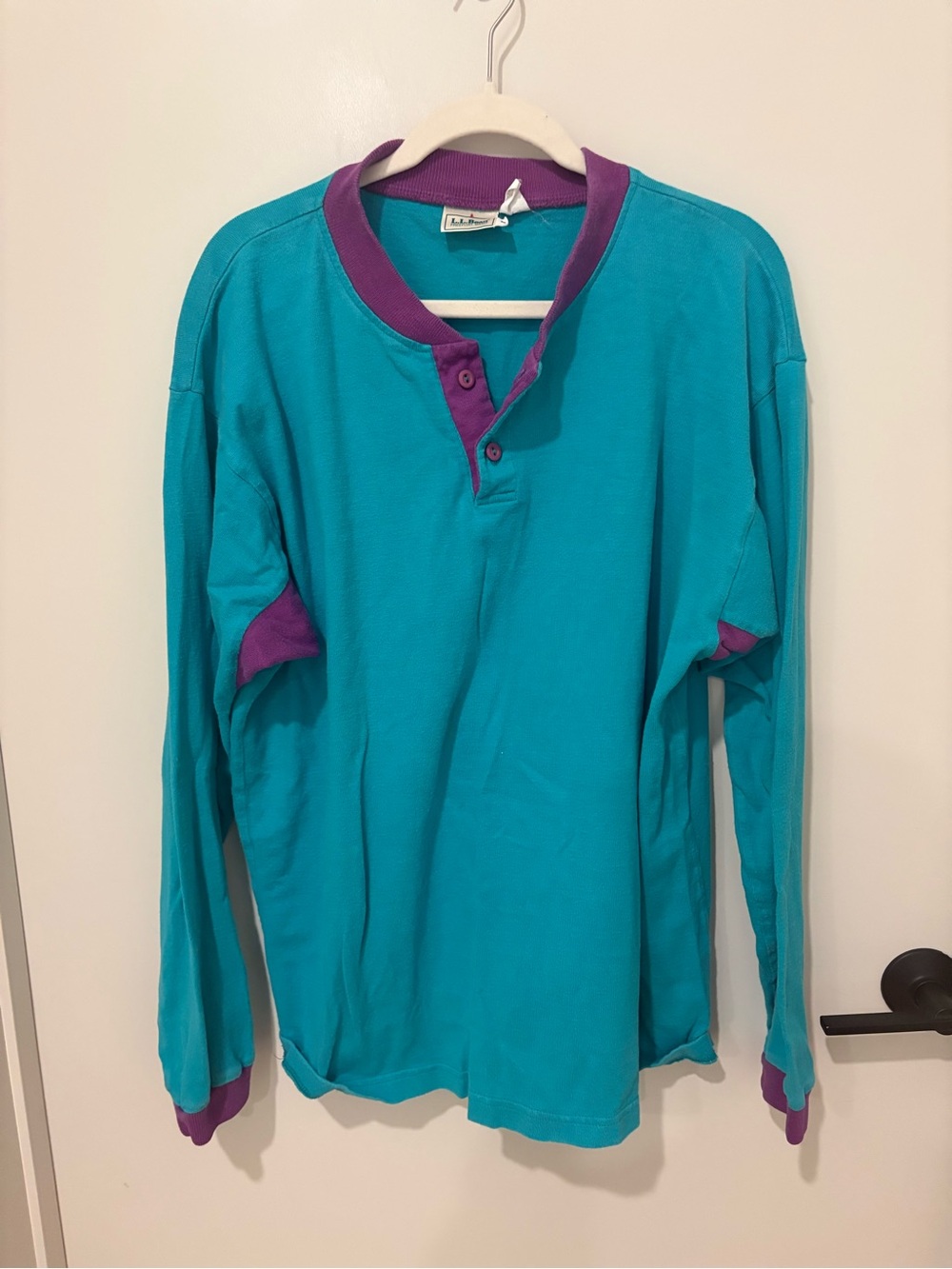 VNTG L.L.Bean Henley Crewneck ColorBlock Teal Body Purple Collar Cotton Rare